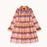 Kleita persiku/rozā rūtaina flaneļa ar apkakli un rišu