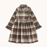 Kleita persiku/rozā rūtaina flaneļa ar apkakli un rišu