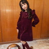 Dress bordo with ruffe and embroidery