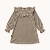 Dress taupe with ruffe and embroidery